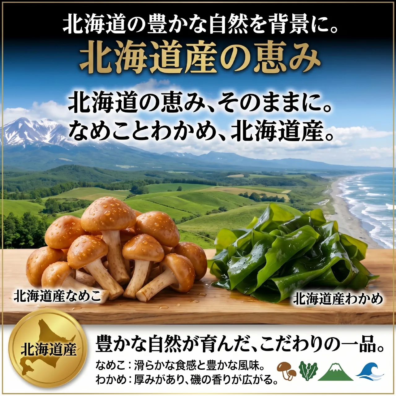 北海道産の恵み 北海道産なめことわかめを使用
