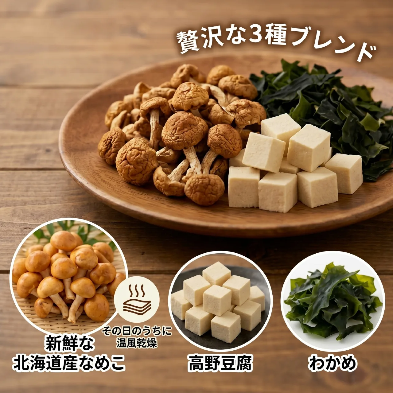 贅沢な3種ブレンド 北海道産なめこ・高野豆腐・わかめ