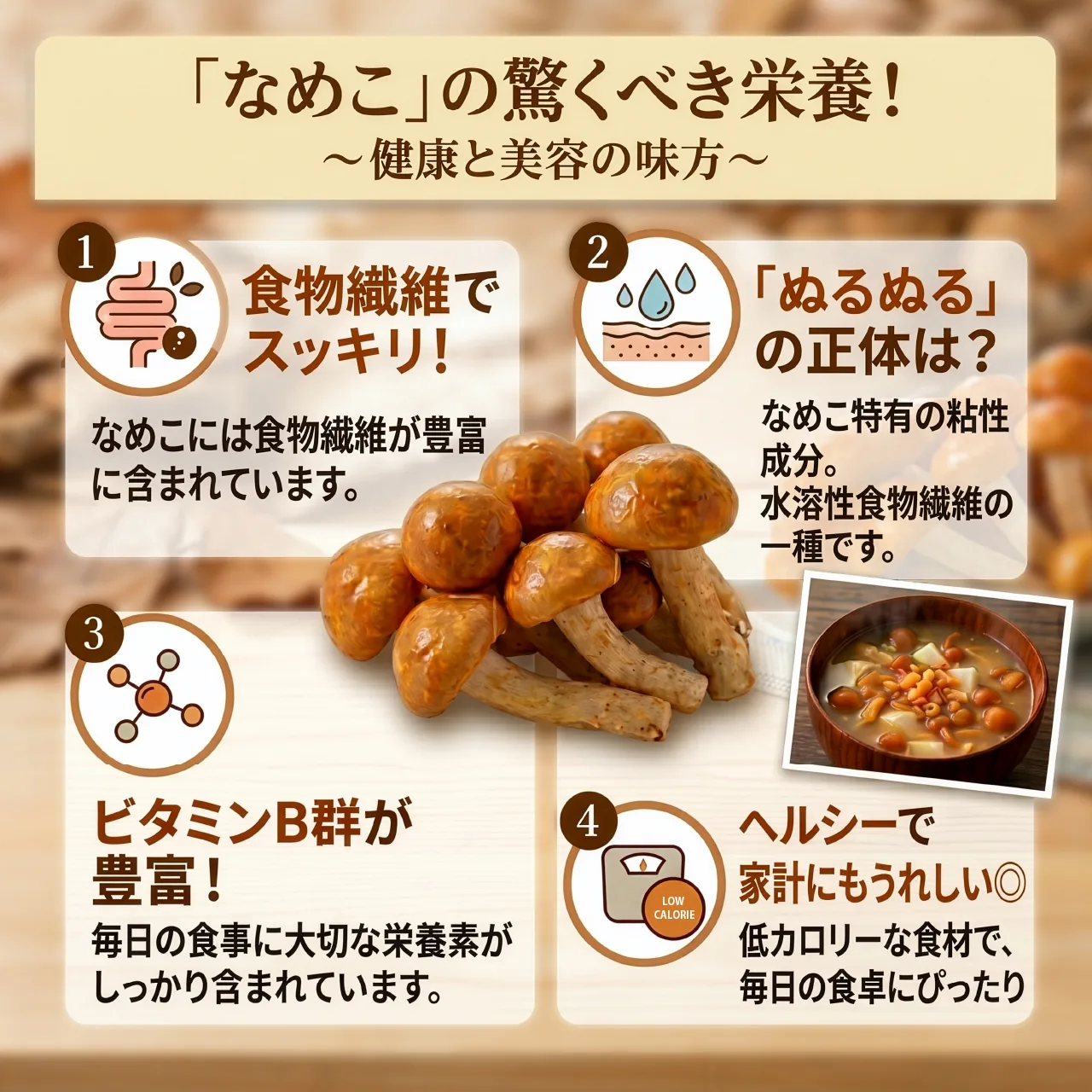 なめこの栄養 食物繊維・水溶性食物繊維・ビタミンB群が豊富