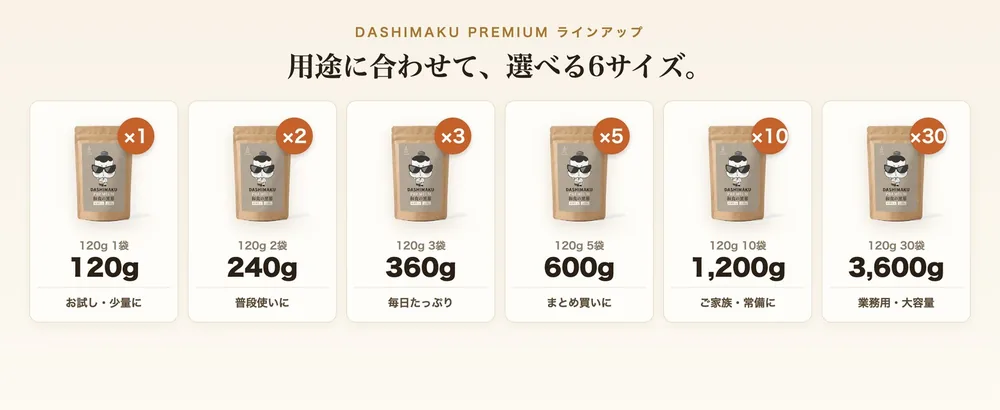 DASHIMAKU PREMIUM ラインアップ 120g〜3600g 選べる6サイズ