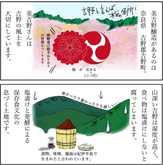 美吉野醸造があるのは奈良県、吉野郡吉野町。美吉野さんは吉野の風土を大切にしています。山深い吉野は湿度が高く、食べ物は塩漬けにしないと腐ってしまいます。塩漬けと発酵による保存食文化の息づく土地です。
