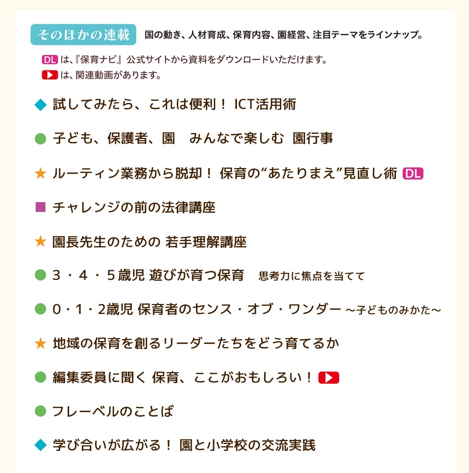 ���Τۤ���Ϣ�ܡ����ư�����ͺ�������ݰ����ơ���бġ����ܤΥơ��ޤ�饤��ʥå�
����Ƥߤ��顢����������� ICT���ѽ�
���Ҥɤ⡢�ݸ�ԡ���ߤ�ʤǳڤ��� ��Ի�
���롼�ƥ����̳����æ�ѡ� �ݰ�ΡȤ�����ޤ��ɸ�ľ����
������������ˡΧ�ֺ�
����Ĺ��������� �������ֺ�
�������������л� ͷ�Ӥ�����ݰ顡�׹��Ϥ˾��������Ƥ�
��0��1��2�л� �ݰ�ԤΥ��󥹡����֡������� ���Ҥɤ�Τߤ�����
���ϰ���ݰ���Ϥ�꡼����������ɤ���Ƥ뤫
���Խ��Ѱ���ʹ�� �ݰ顢���������⤷������
���ե졼�٥�Τ��Ȥ�
���ؤӹ礤�������롪 ��Ⱦ��ع��θ�ή����

