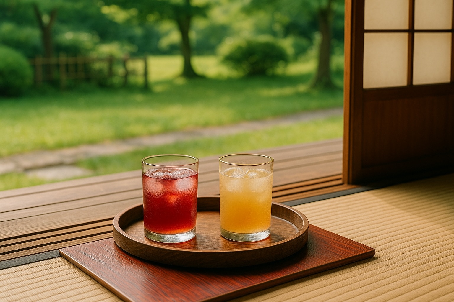 縁側楽しむ白桃＆ラズベリードリンク