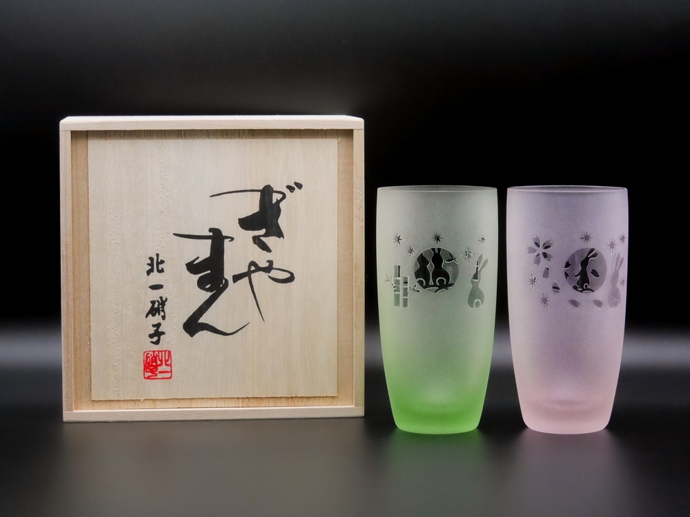 ☆耐熱性月見うさぎ スリムグラスペア 笹竹/桜(木箱付) | 北一硝子