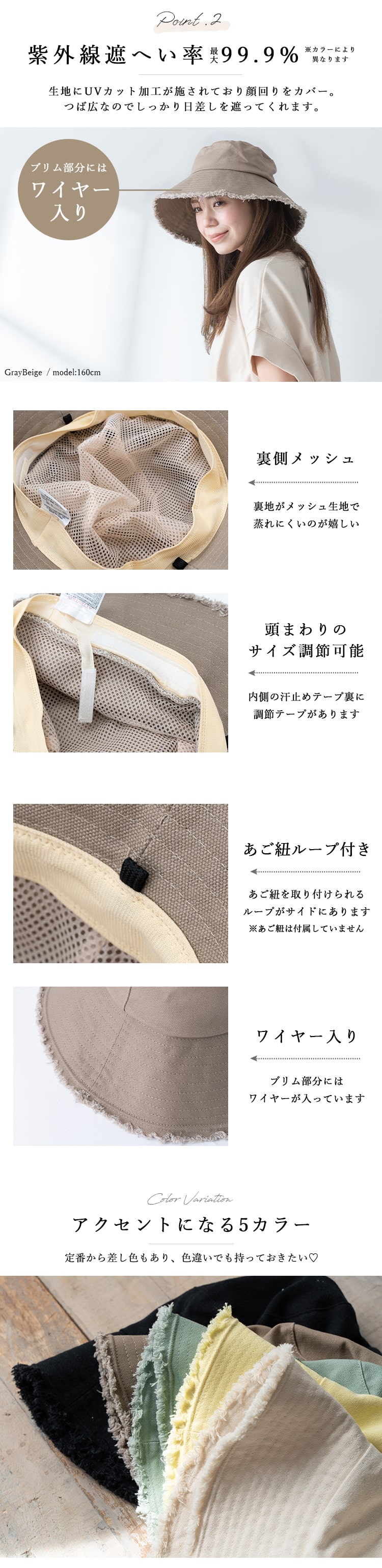 帽子 レディース バケットハット uv フリンジ キャンバス 裏メッシュ