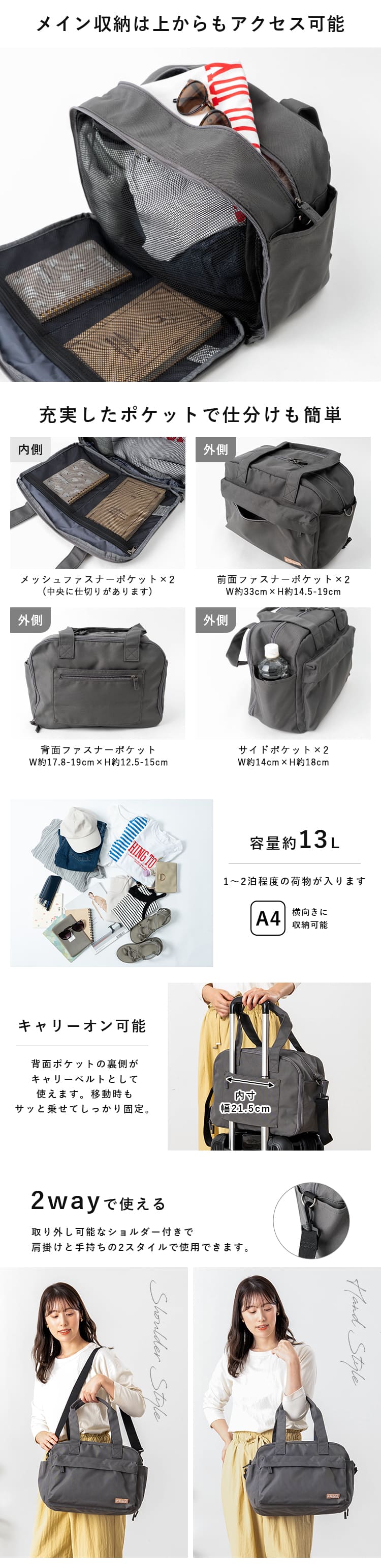 スーツケースのように開く】 ボストンバッグ 旅行 キャリーオン 軽量