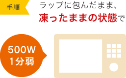 手順　ラップに包んだまま、凍ったままの状態でレンジ500W　1分弱