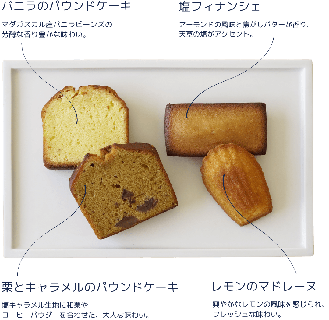 バニラのパウンドケーキ：マダガスカル産バニラビーンズの芳醇な香り豊かな味わい。/塩フィナンシェ：アーモンドの風味と焦がしバターが香り、天草の塩がアクセント。/栗とキャラメルのパウンドケーキ：塩キャラメル生地に和栗やコーヒーパウダーを合わせた、大人な味わい。/レモンのマドレーヌ：爽やかなレモンの風味を感じられ、フレッシュな味わい。
