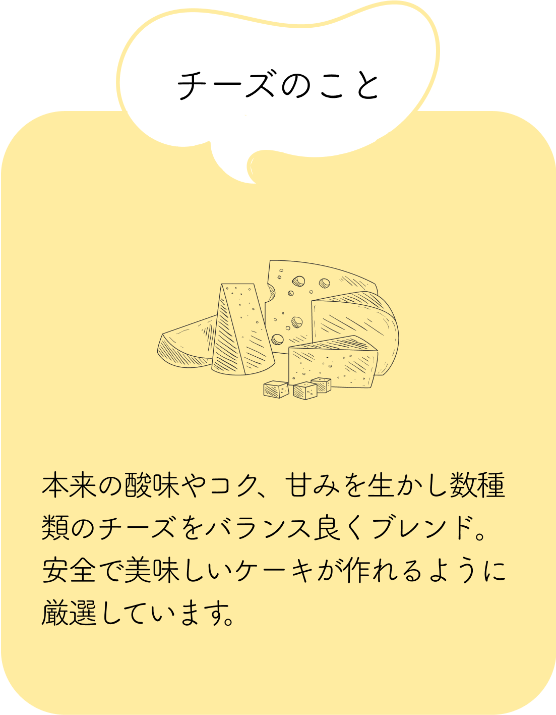 チーズのこと：本来の酸味やコク、甘みを生かし数種類のチーズをバランス良くブレンド。安全で美味しいケーキが作れるように厳選しています。