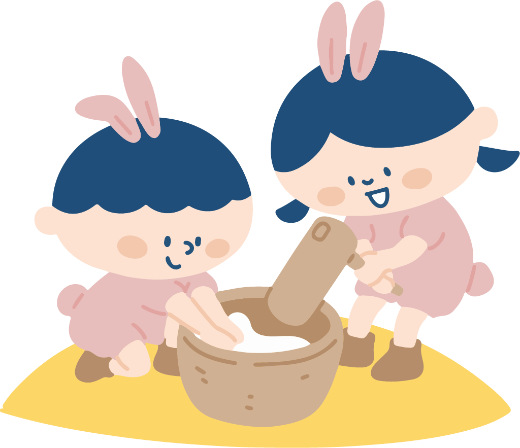 月でお餅をつく子ども２人