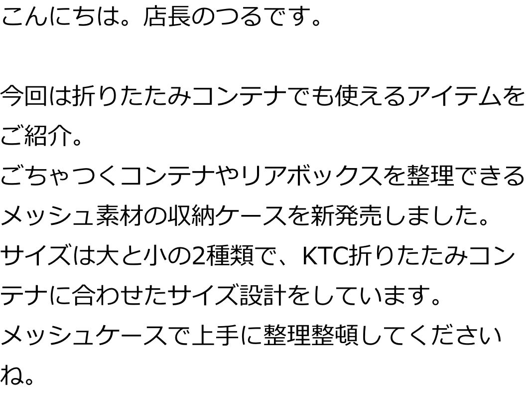 こんにちは。店長のつるです。

今回は折りたたみコンテナでも使えるアイテムをご紹介。
ごちゃつくコンテナやリアボックスを整理できるメッシュ素材の収納ケースを新発売しました。サイズは大と小の2種類で、KTC折りたたみコンテナに合わせたサイズ設計をしています。
メッシュケースで上手に整理整頓してくださいね。