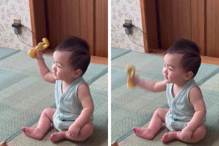 がらがらを楽しむ赤ちゃんの様子