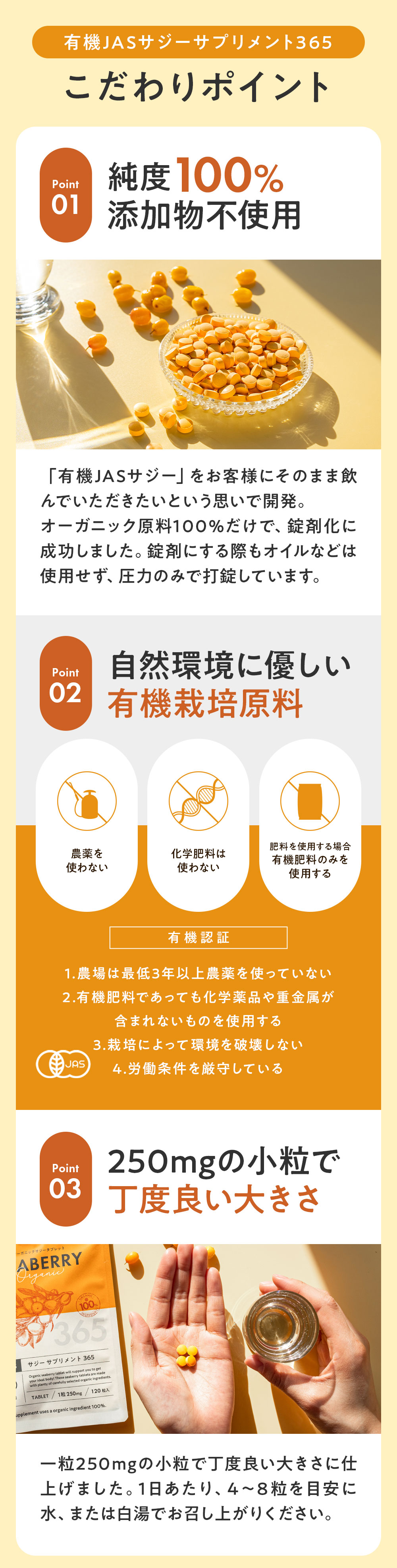 手軽に鉄分補給ができ、100%植物素材で安心と記載されているLP画像。パッケージの隣にお皿に盛り付けられているサジー果実とサプリメントが載っている。