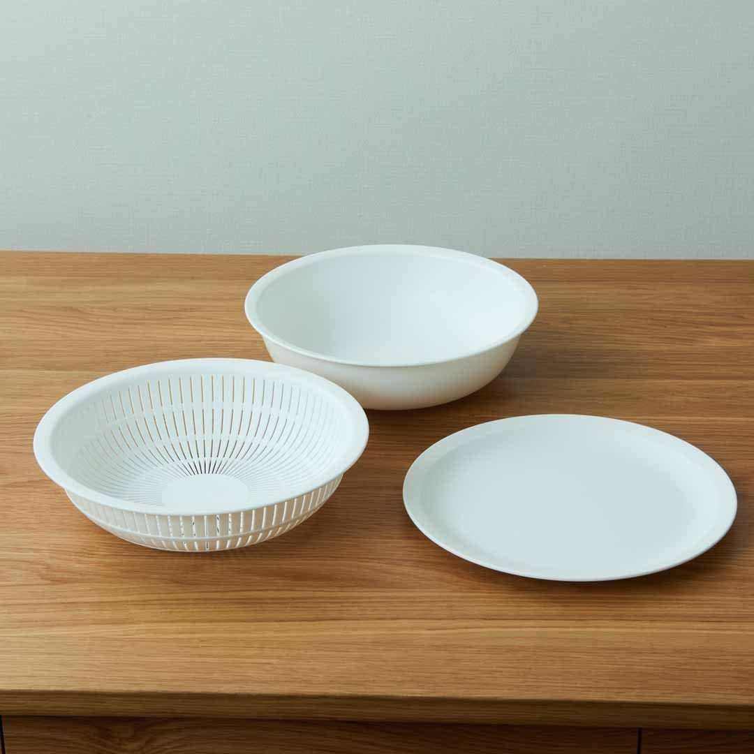 like-it】 米とぎにも使えるザルとボウル浅型・プレートセット グレー