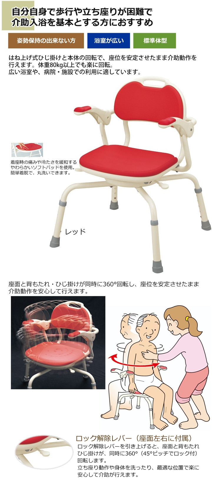 座面回転ひじ掛け付シャワーベンチ まわるくん-介護用品通販のロッキー