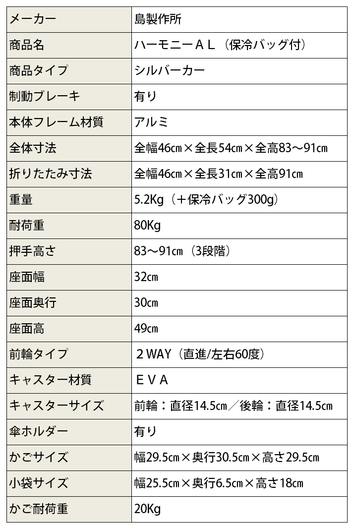 シルバーカーハーモニーAL（保冷バッグ付） 316117【島製作所