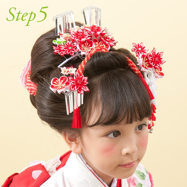 【S】七五三7歳/3歳髪飾り緑E 日本髪かのこ（鹿の子）ちんころ/水引き 七五三7歳/3歳髪飾り緑/黄色E】日本髪かのこ（鹿の子）ちんころ/水引き