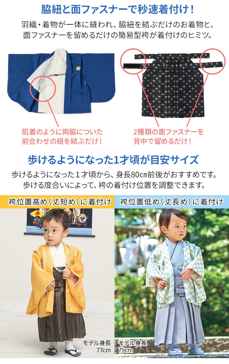 男の子ベビー着物 羽織袴セット 1才 80cm 一体型 初節句 端午の節句