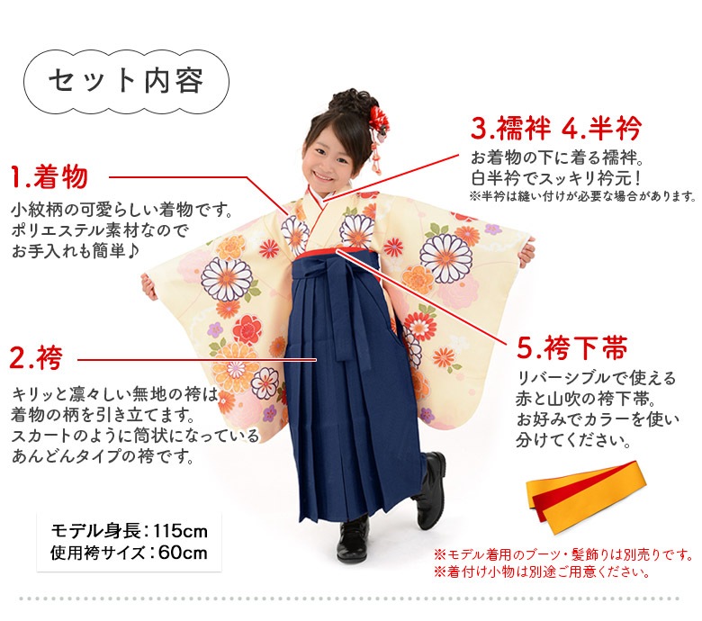 女の子 着物袴セット 卒園式袴 小紋 ショート丈着物 刺繍袴 襦袢 半衿