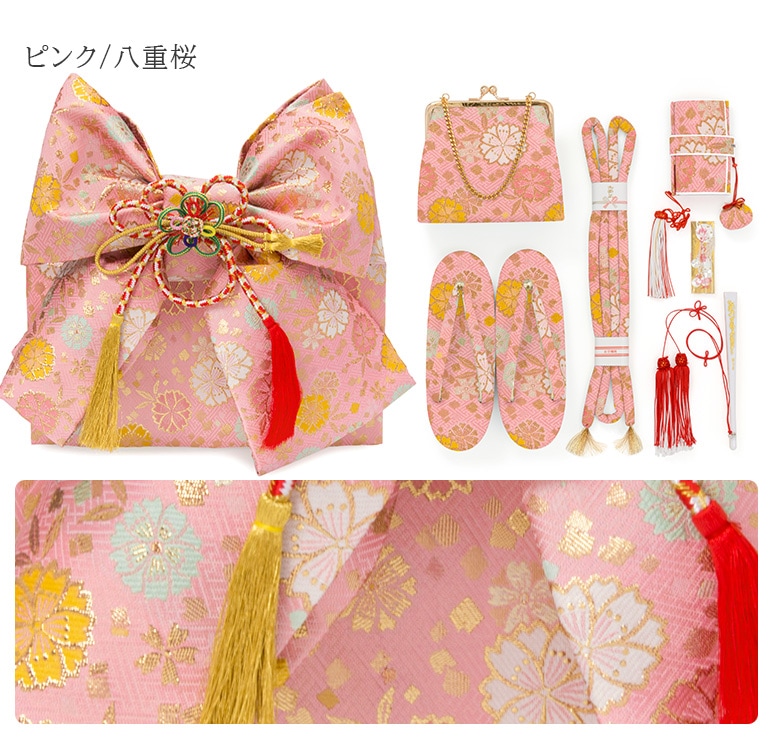 販売】七五三女の子小物 結び帯はこせこ 7点セット 7才 5才 3才 金 赤
