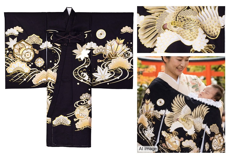 販売】産着 お宮参り 着物 初着 正絹 黒 ベージュ 抹茶 兜 鷹 のし