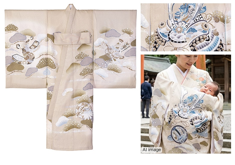 販売】産着 お宮参り 着物 初着 正絹 黒 ベージュ 抹茶 兜 鷹 のし