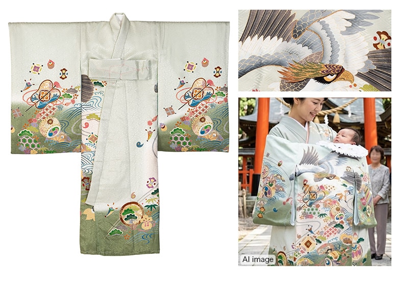販売】産着 お宮参り 着物 初着 正絹 黒 ベージュ 抹茶 兜 鷹 のし