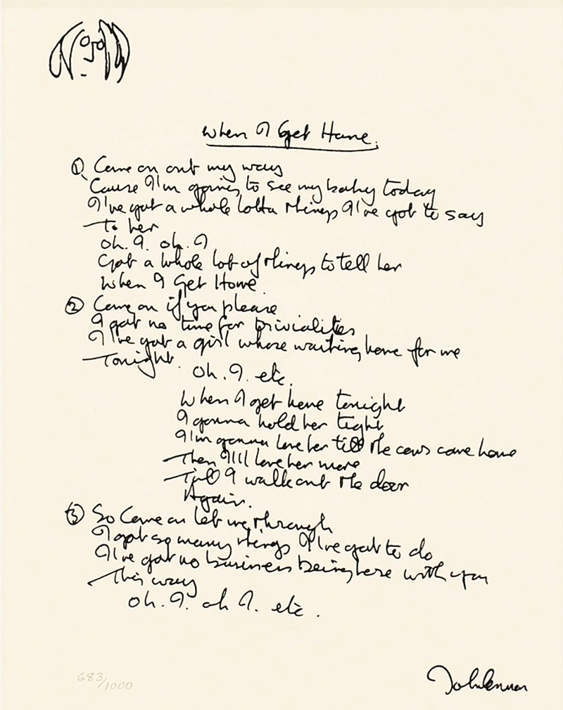 ジョン・レノン セリグラフ版画「When I get home Lyrics-1965」｜求龍堂