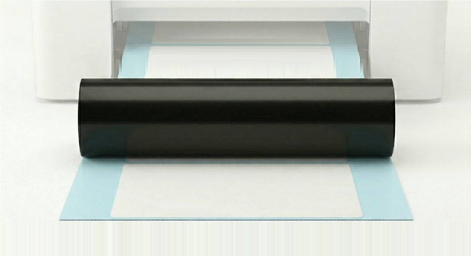 ラベルプリンタにセットされたインクリボンと、その下を通るラベル。インクリボン幅がラベル幅より広い状態を示している