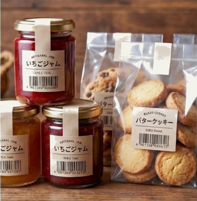 ジャムの瓶やクッキーの袋に貼られた、バーコード入りの紙ラベル