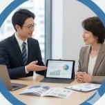 タブレットを使って顧客と対面で商談する営業担当者
