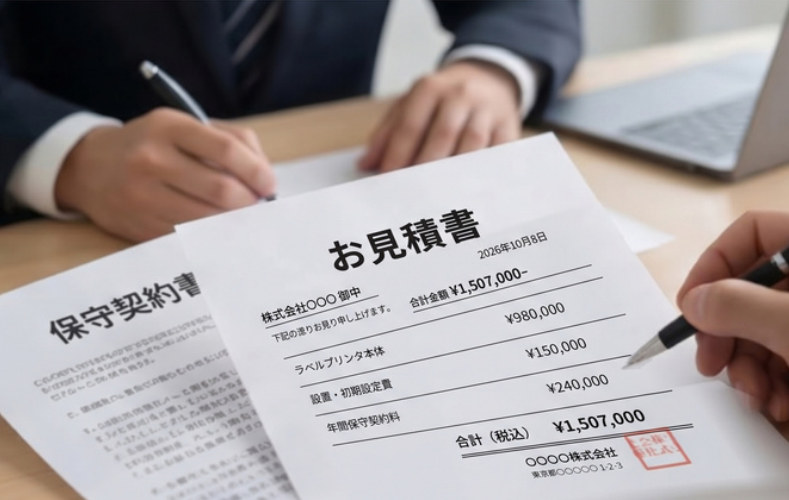 お見積書と保守契約書に記入する様子