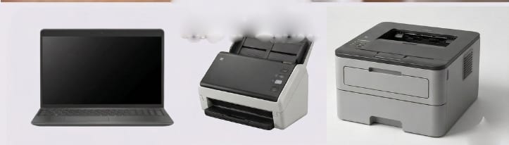 ノートパソコン、ドキュメントスキャナー、レーザープリンターのOA機器