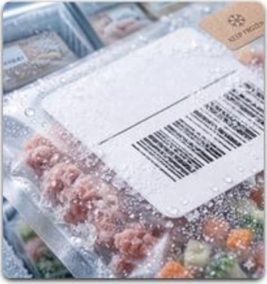 霜と水滴が付いた冷凍食品のパッケージに貼られたバーコードラベル