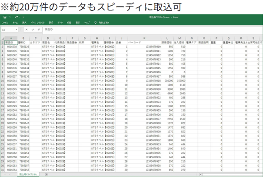 商品マスタのCSVファイルをExcelで開いた画面。品番・種類・カテゴリ・商品名・代表商品／商品画像・バーコードなどの列が数百行並んでいる