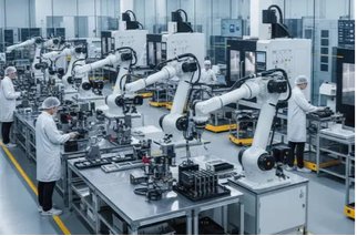 精密機器を組み立てる製造工場のクリーンな作業ライン