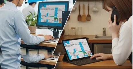 ヘッドセットを着けたサポートスタッフがオフィスのパソコンを操作する様子と、自宅のキッチンで電話をしながらタブレットの画面を見るお客様の様子