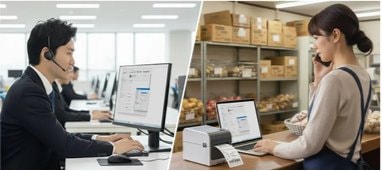 ヘッドセットを着けたサポート担当者がオフィスで対応する様子と、店舗のバックヤードで電話をしながらラベルプリンターとノートパソコンを使うお客様の様子