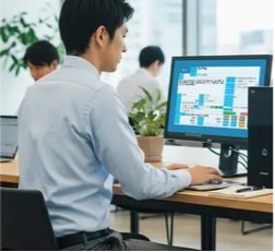 オフィスで2名のスタッフがパソコンに向かい、ラベル発行システムの初期設定作業を行っている様子