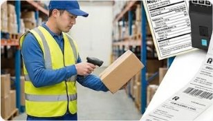 物流倉庫で配送ラベルを貼った段ボール箱をハンディターミナルで読み取る作業員