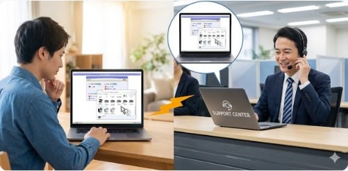 お客様のパソコン画面をサポートセンターのスタッフがリモートで確認しながら対応する様子