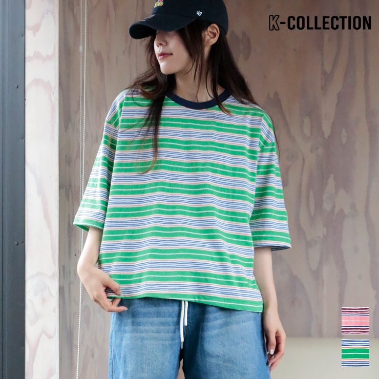 K-collection Tシャツ 五分袖 半袖 袖長め クロップ丈 ロゴ