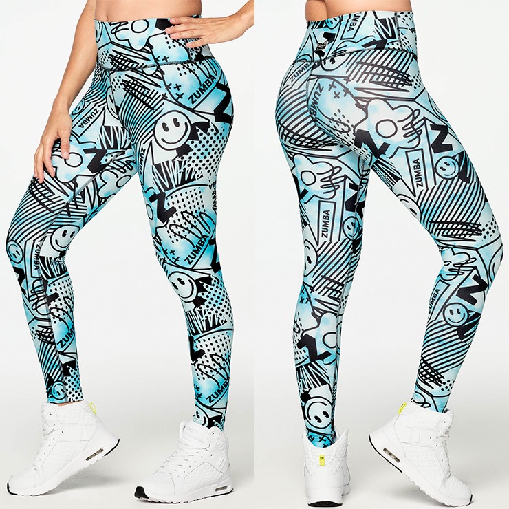 ZUMBA ズンバ 正規品 総柄 HAPPY AND FUN レギンス MULTI SKY BLUE XS