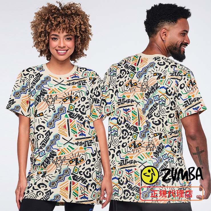 ZUMBA ズンバ 正規品 ウェア ユニセックス Tシャツ 半袖 総柄 ロゴ