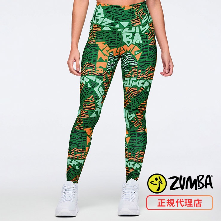 【最新作】S サイズ★ ZUMBA正規品・スマイル￼ ハイウェストレギンス ★ ZUMBA ズンバ 正規品 ウェア レディース レギンス 総柄 アンクル丈