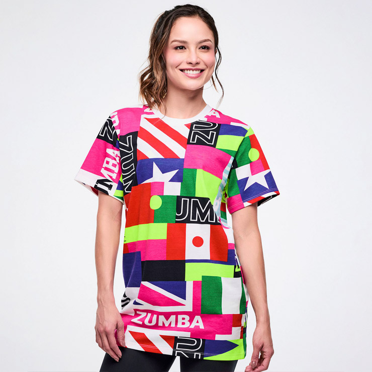 ZUMBA ズンバ 正規品 ウェア ユニセックス Tシャツ 半袖 国旗 総柄