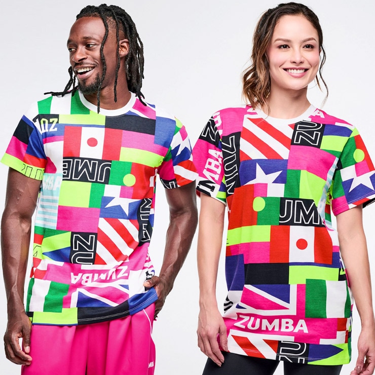 ZUMBA ズンバ 正規品 ウェア ユニセックス Tシャツ 半袖 国旗 総柄