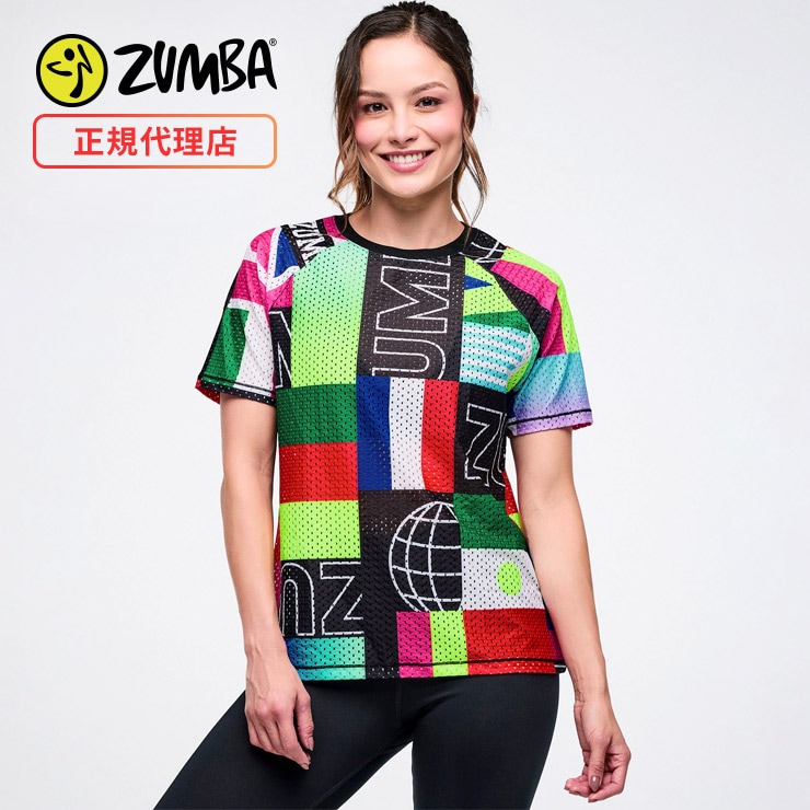 ZUMBA ズンバ 正規品 ウェア レディース Tシャツ 半袖 総柄 メッシュ