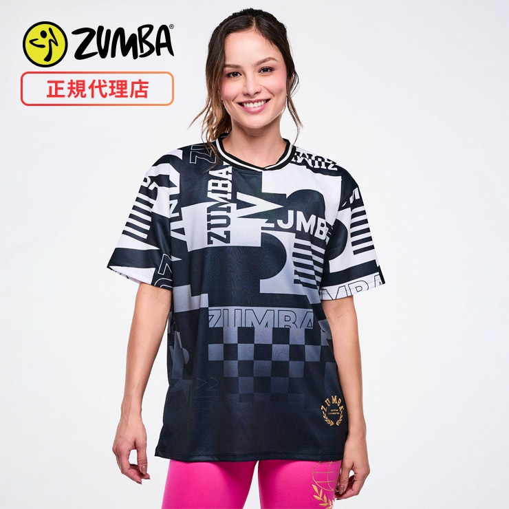 ZUMBA ズンバ 正規品 ウェア レディース Tシャツ 半袖 総柄 モノトーン