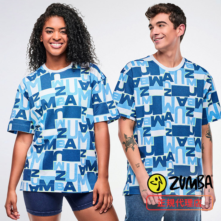 ZUMBA ズンバ 正規品 ウェアユニセックス Tシャツ 半袖 総柄 ロゴ 丸首